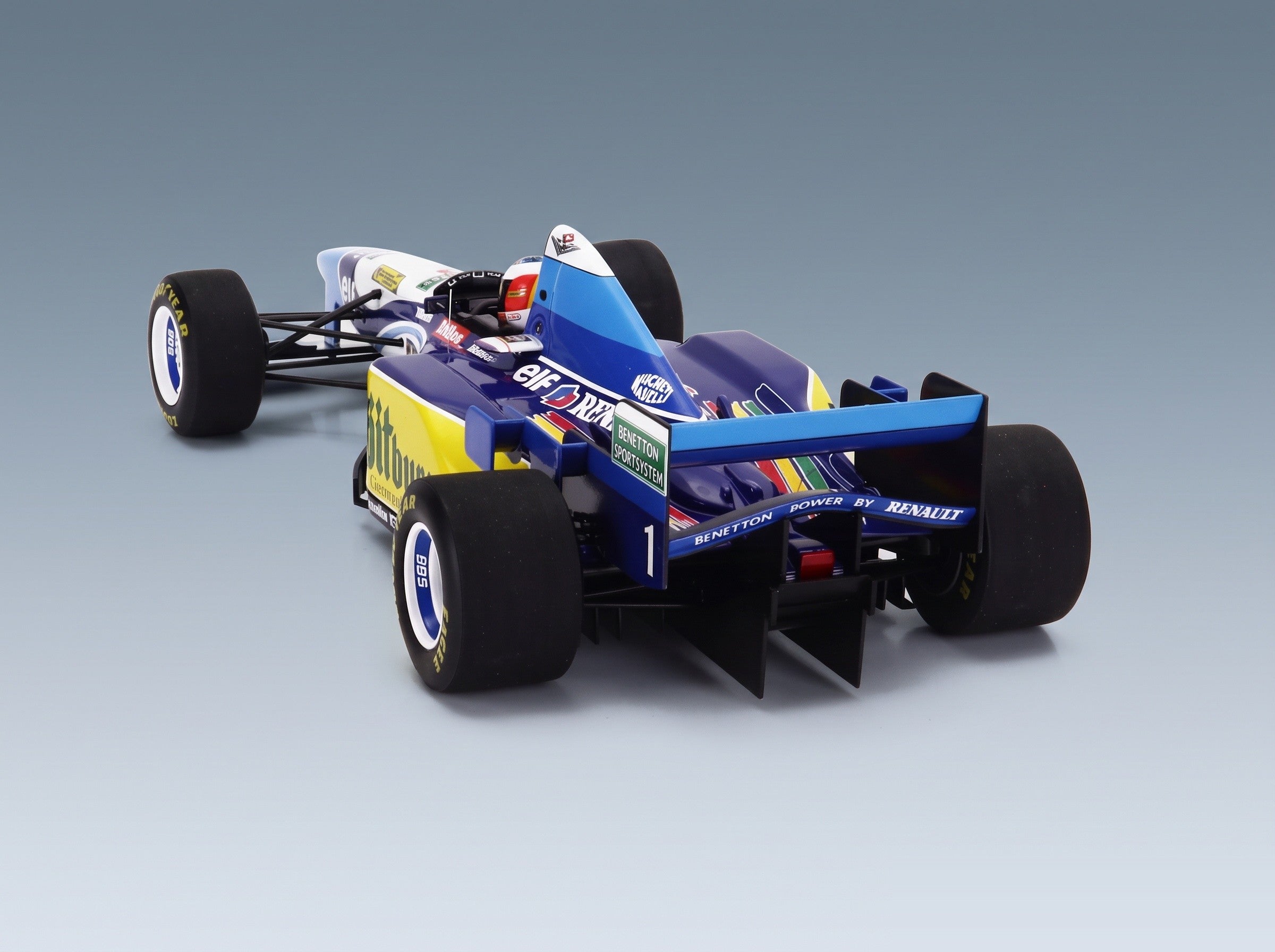 Benetton B195 Mild Seven Renault No. 1 Michael Schumacher Winner Pacific GP World Champion 1995 Minichamps 1:18 scale model - rear three-quarter view