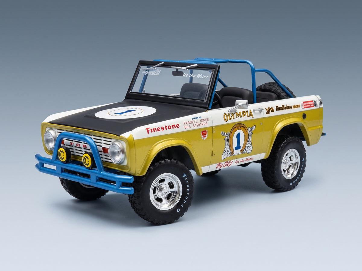 FORD USA - BRONCO N 1 BAJA 1970 - BIG OLY TRIBUTE EDITION - YELLOW MET BLACK scale model - front three-quarter view