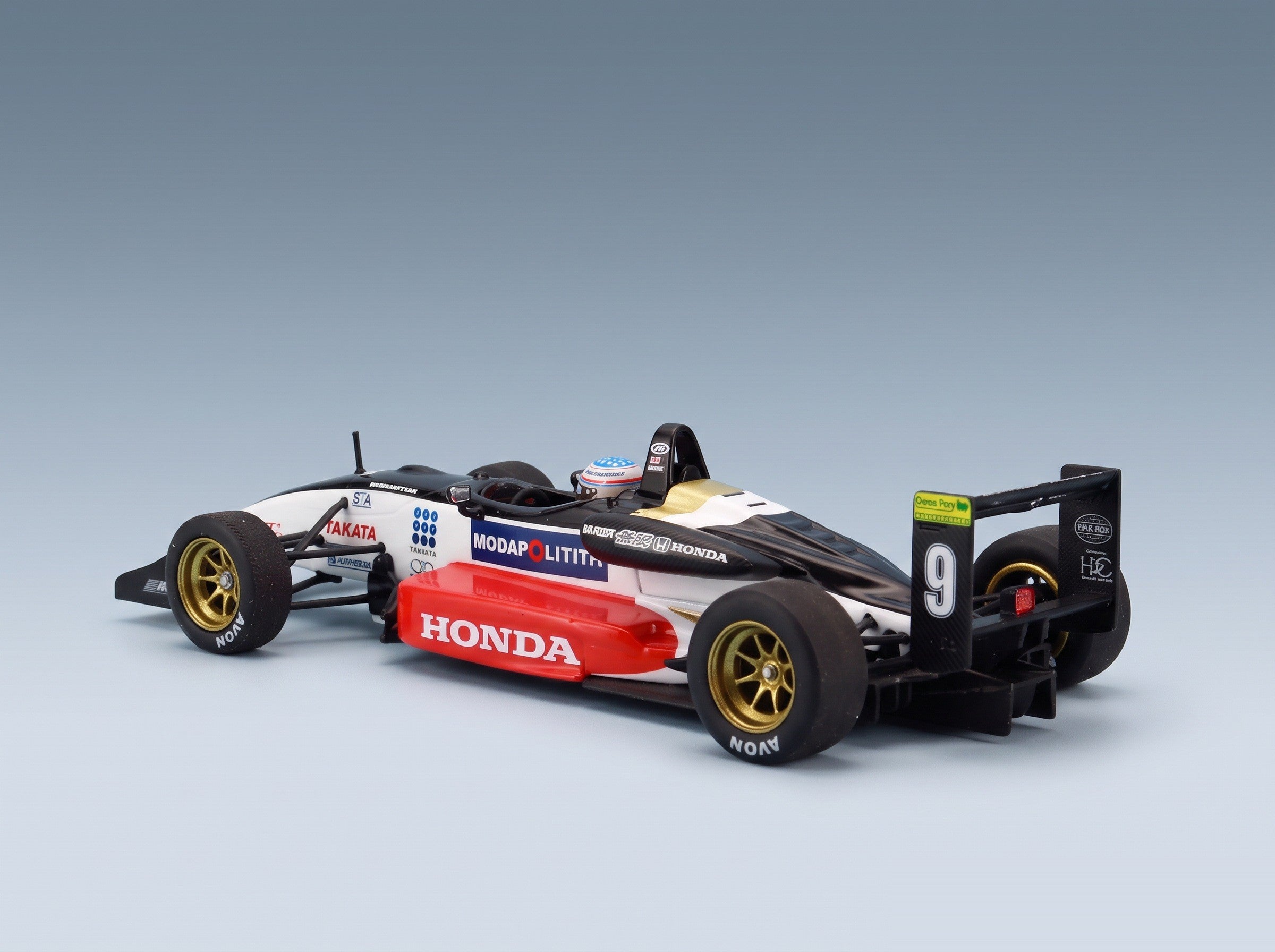 Dallara F3 F300 Mugen Honda No. 9 Takuma Sato Silverstone British GP 2000 Minichamps 1:43 scale model - front three-quarter view, top down