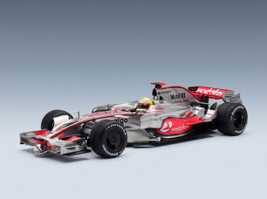 McLaren MP4/23 Vodafone McLaren Mercedes No. 22 Lewis Hamilton Brazilian GP World Champion 2008 Rain Tyres Minichamps 1:18 scale model - front three-quarter view