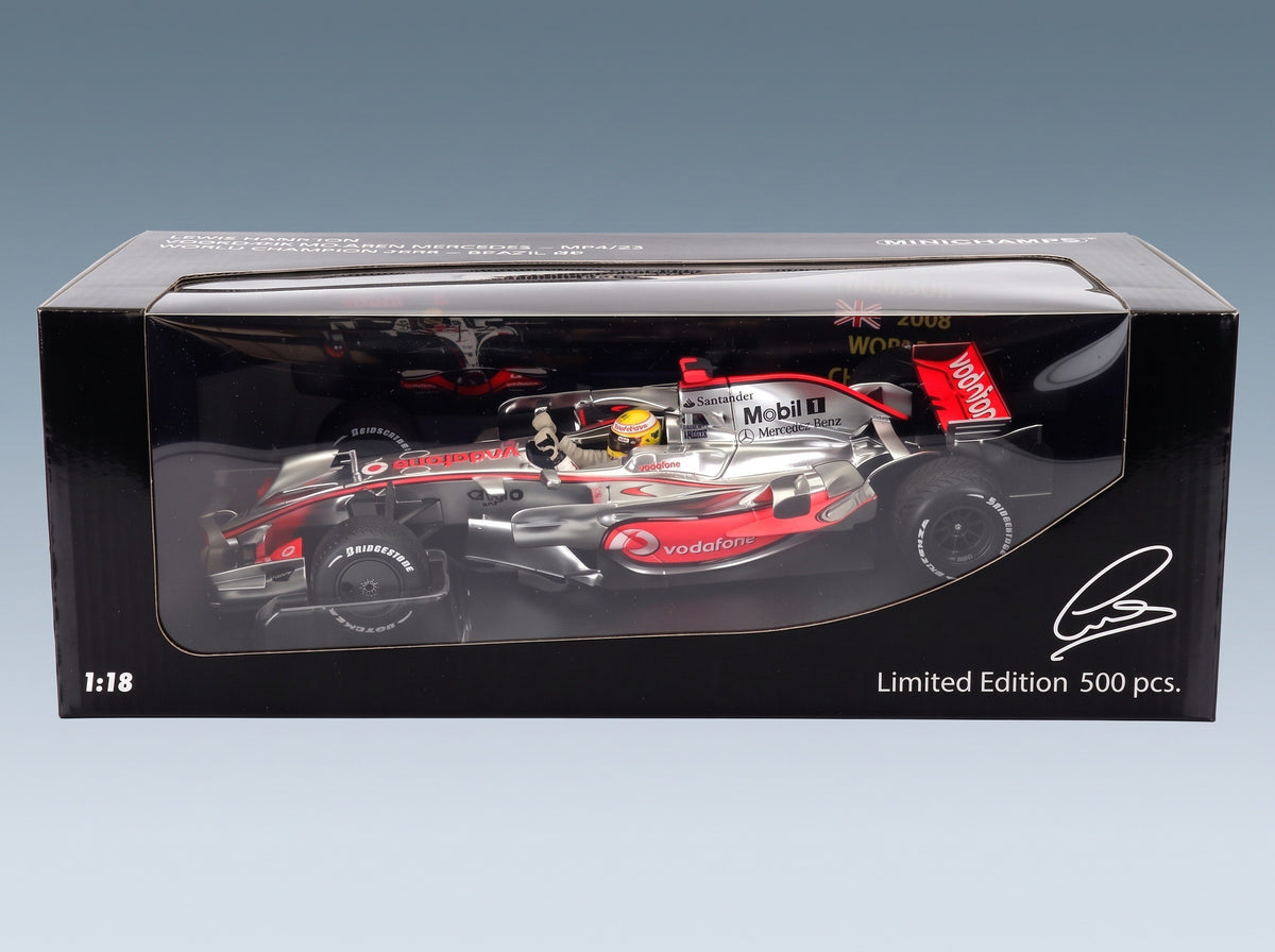 McLaren MP4/23 Vodafone McLaren Mercedes No. 22 Lewis Hamilton Brazilian GP World Champion 2008 Rain Tyres Minichamps 1:18 scale model - original packaging