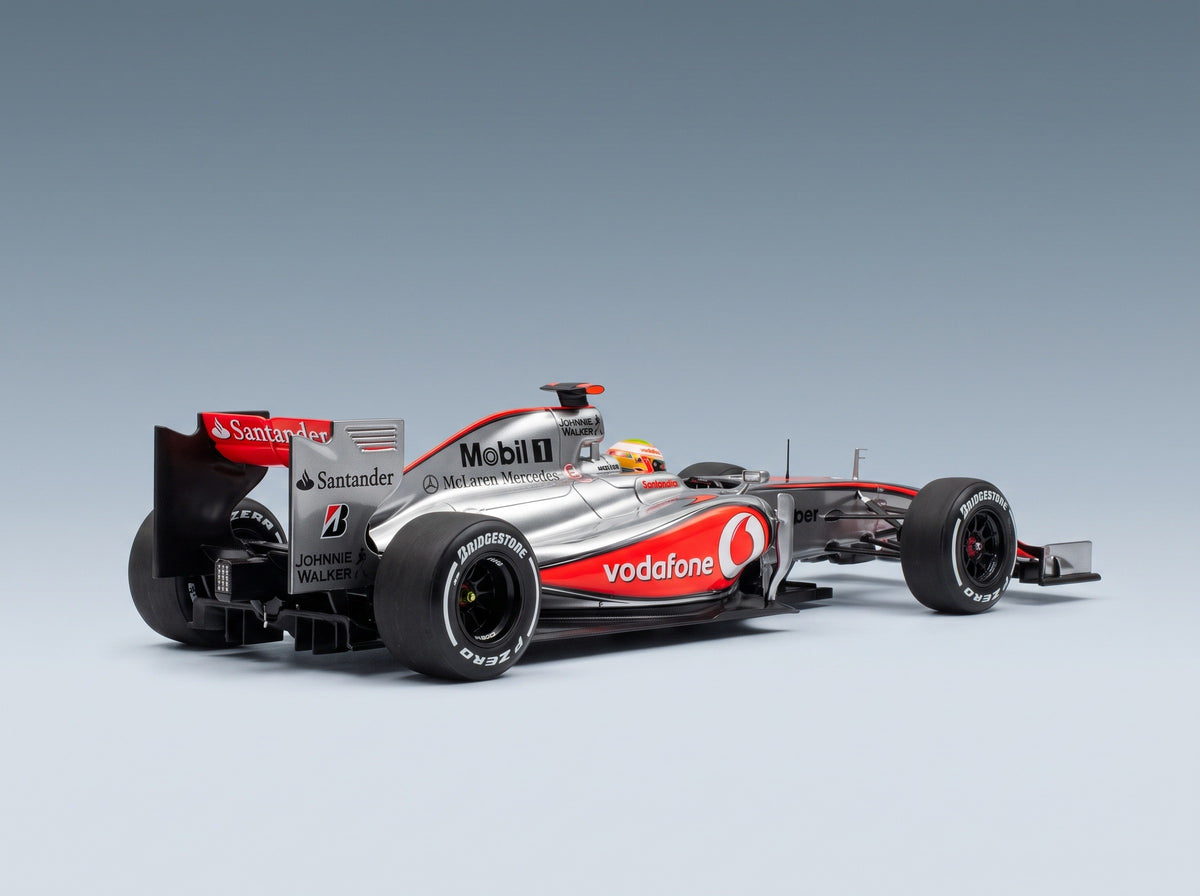 McLaren MP4/23 Vodafone McLaren Mercedes No. 22 Lewis Hamilton Brazilian GP World Champion 2008 Rain Tyres Minichamps 1:18 scale model - rear three-quarter view