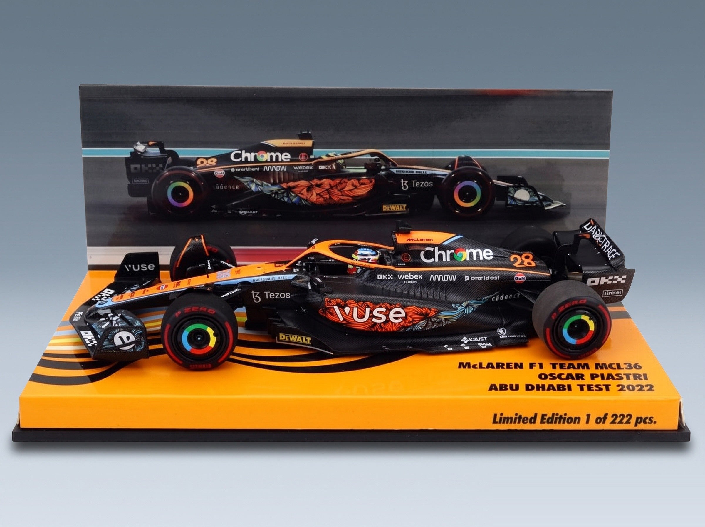 McLaren F1 MCL36 Team McLaren No. 28 Oscar Piastri Test Abu Dhabi 2022 Minichamps 1:43 scale model - side view