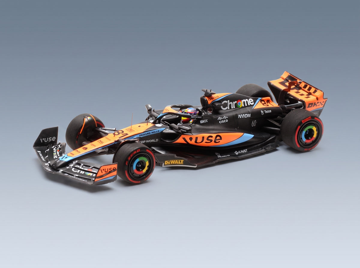 McLaren MCL60 Team McLaren No. 81 Oscar Piastri Bahrain GP 2023 Minichamps 1:43 scale model - front three-quarter view