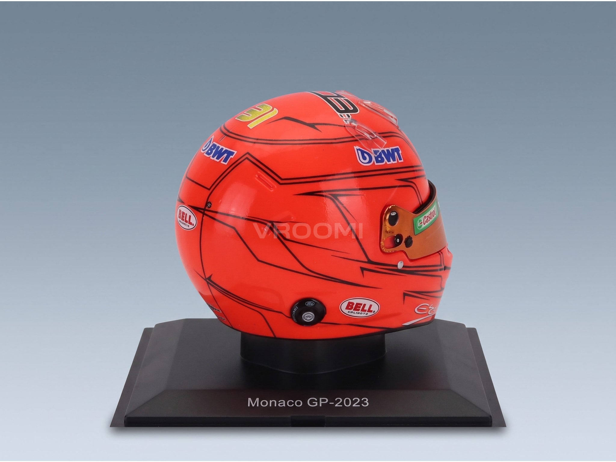 Bell Helmet Alpine A523 BWT Alpine Team No. 31 Esteban Ocon Monaco GP 2023 Spark Model 1:5 scale helmet - rear three-quarter view