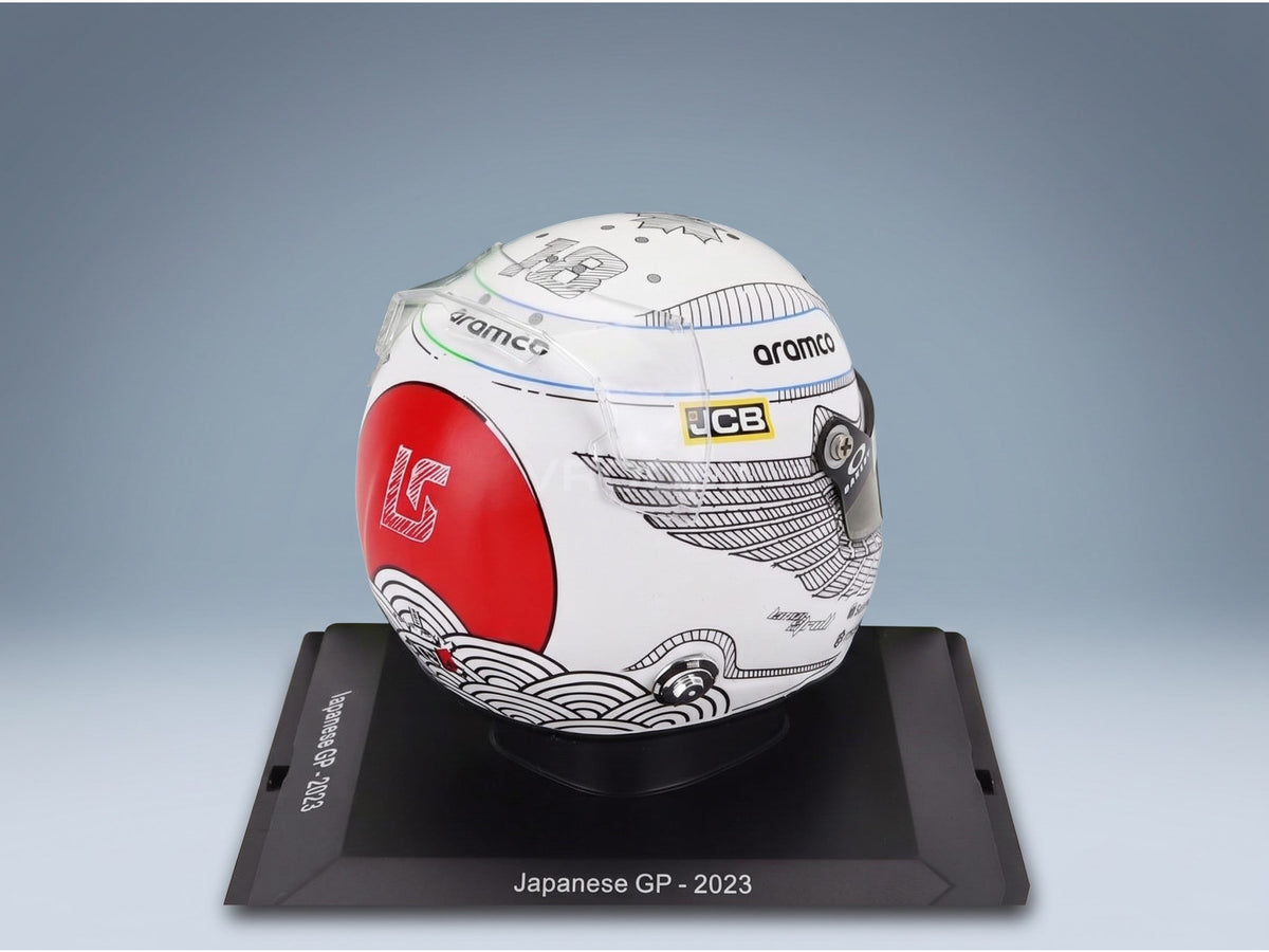 Stilo Helmet Aston Martin AMR23 Aramco Cognizant No. 18 Lance Stroll Japan GP 2023 Spark Model 1:5 scale helmet - rear three-quarter view
