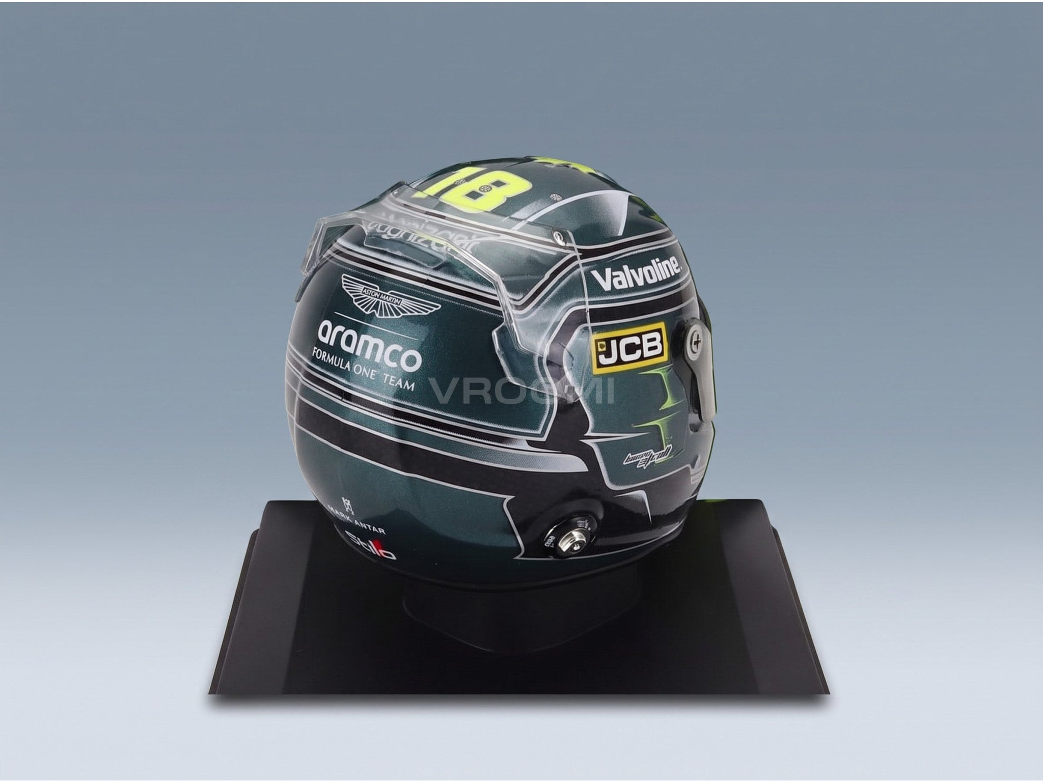 Stilo F1 Helmet Lance Stroll Aston Martin Aramco Cognizant No. 18 Season 2024 Spark Model 1:5 scale helmet - rear three-quarter view