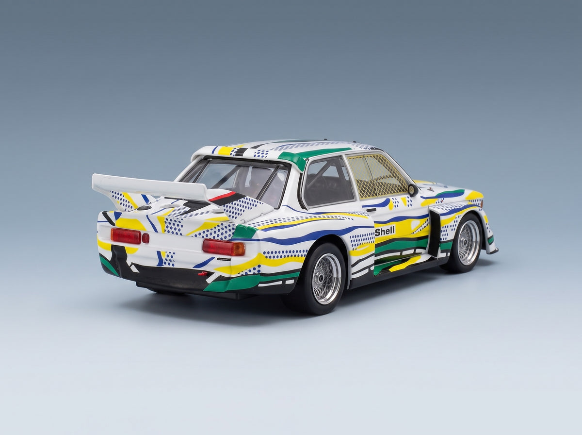 BMW 3-Series 320i Gr.5 Art Car Roy Lichtenstein 1977 White Yellow Green Norev 1:43 scale model - rear three-quarter view