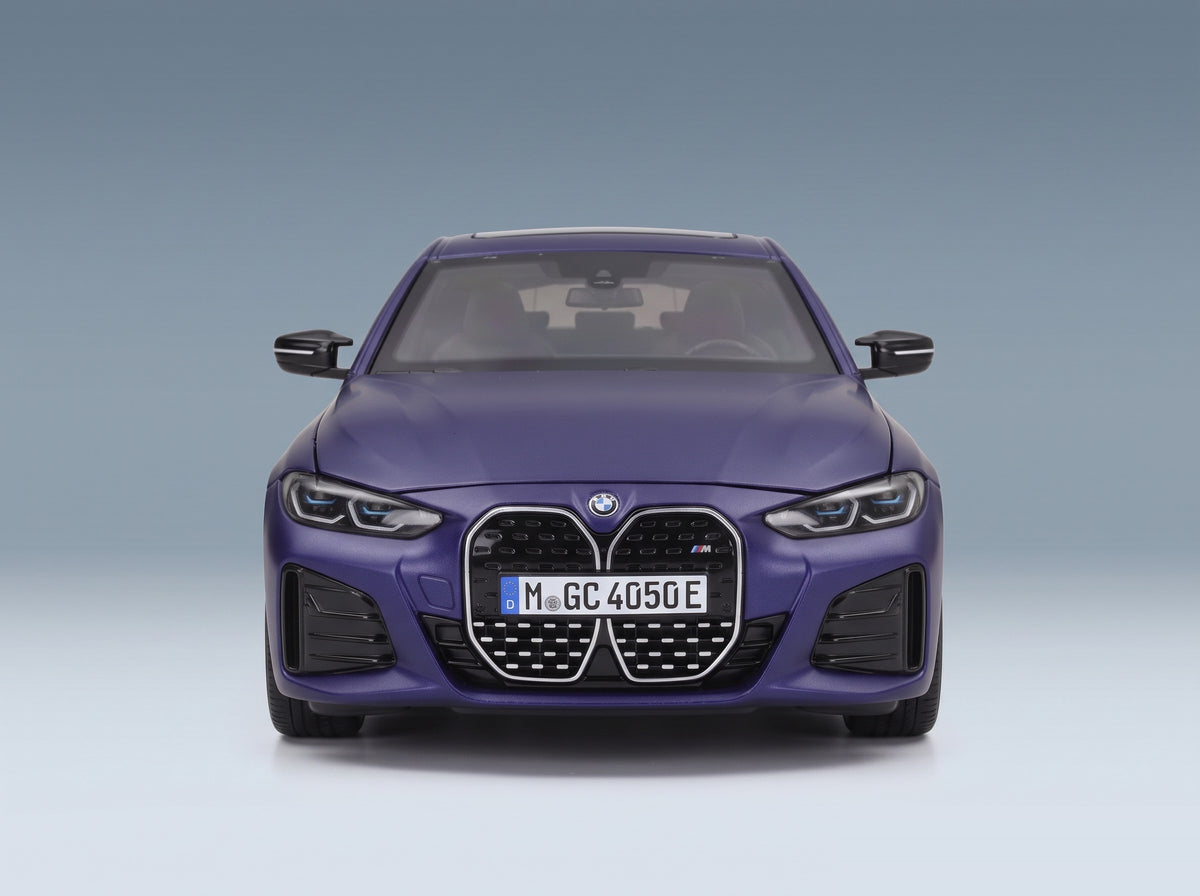 BMW 4-Series i4 M50 (G26) 2022 Matt Blue Minichamps 1:18 scale model - front view