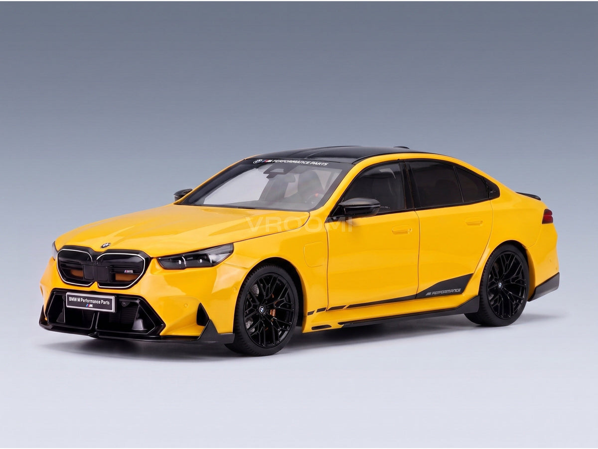BMW M5 M Performance Parts (G90) 2024 Yellow Black Minichamps 1:18 scale model - front three-quarter view