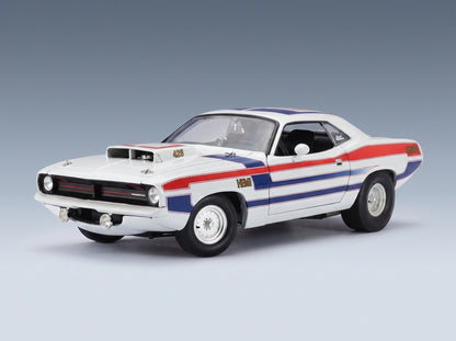PLYMOUTH - HEMI CUDA COUPE 1970 - WHITE RED BLUE scale model - front three-quarter view