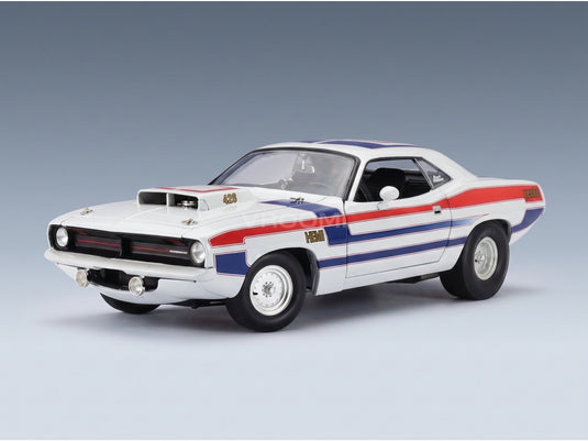 PLYMOUTH - HEMI CUDA COUPE 1970 - WHITE RED BLUE scale model - front three-quarter view