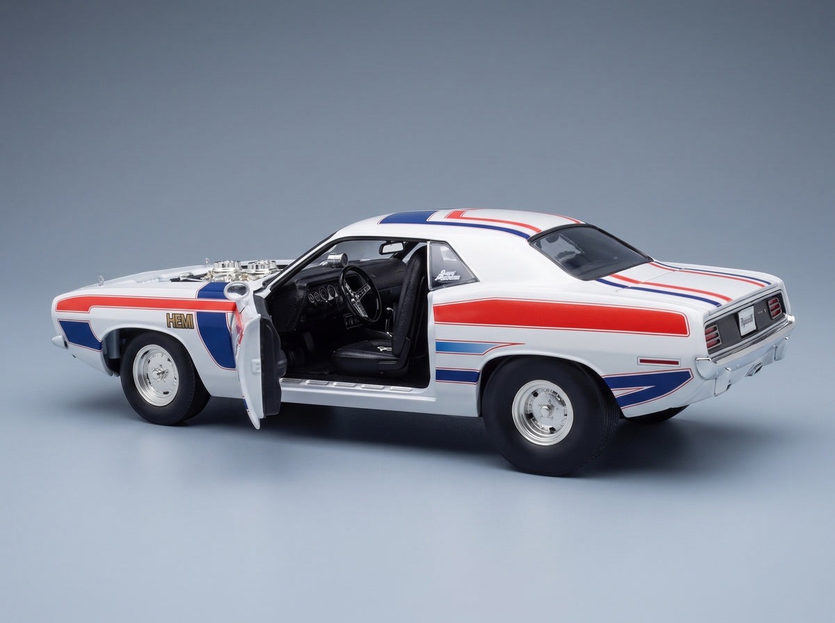 PLYMOUTH - HEMI CUDA COUPE 1970 - WHITE RED BLUE scale model - interior
