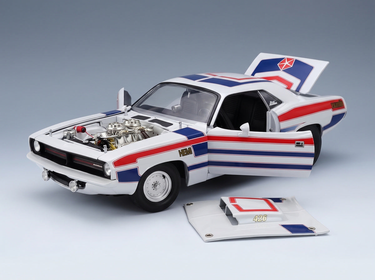 PLYMOUTH - HEMI CUDA COUPE 1970 - WHITE RED BLUE scale model - opening parts