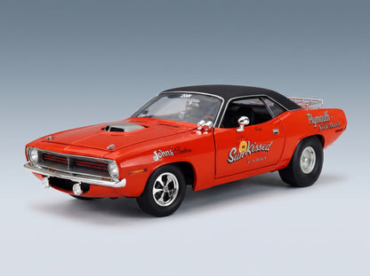 PLYMOUTH - BARRACUDA HEMI SUN KISSED CUDA 1970 - ORANGE BLACK scale model - front three-quarter view