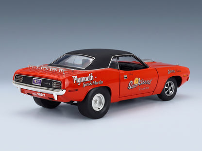 PLYMOUTH - BARRACUDA HEMI SUN KISSED CUDA 1970 - ORANGE BLACK scale model - rear three-quarter view