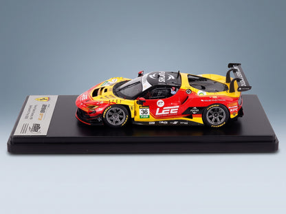 FERRARI - 296 GT3 3.0L TWIN TURBO V6 TEAM ARISE RACING N 36 12h BATHURST 2025 JAXON EVANS - ALESSIO ROVERA - BRAD SCHUMACHER - ELLIOT SCHUTTE - RED YELLOW BLACK scale model - front three-quarter view on display base
