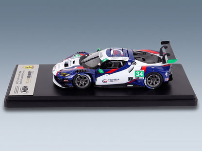 FERRARI - 296 GT3 3.0L TURVO V6 TEAM CONQUEST RACING N 34 IMSA 24h DAYTONA 2025 GIACOMO ALTOE - MANNY FRANCO - CEDRIC SBIRRAZZUOLI - DANIEL SERRA - WHITE BLUE scale model - front three-quarter view on display base