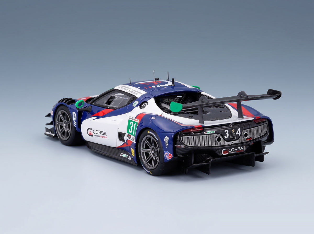 FERRARI - 296 GT3 3.0L TURVO V6 TEAM CONQUEST RACING N 34 IMSA 24h DAYTONA 2025 GIACOMO ALTOE - MANNY FRANCO - CEDRIC SBIRRAZZUOLI - DANIEL SERRA - WHITE BLUE scale model - rear three-quarter view