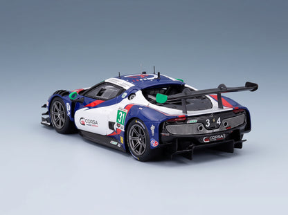 FERRARI - 296 GT3 3.0L TURVO V6 TEAM CONQUEST RACING N 34 IMSA 24h DAYTONA 2025 GIACOMO ALTOE - MANNY FRANCO - CEDRIC SBIRRAZZUOLI - DANIEL SERRA - WHITE BLUE scale model - rear three-quarter view