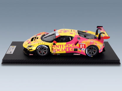 FERRARI - 296 GT3 3.0L TURVO V6 TEAM DRAGONSPEED N 81 IMSA LAGUNA SECA 2025 ALBERT COSTA - GIACOMO ALTOE' - RED YELLOW BLACK scale model - front three-quarter view on display base