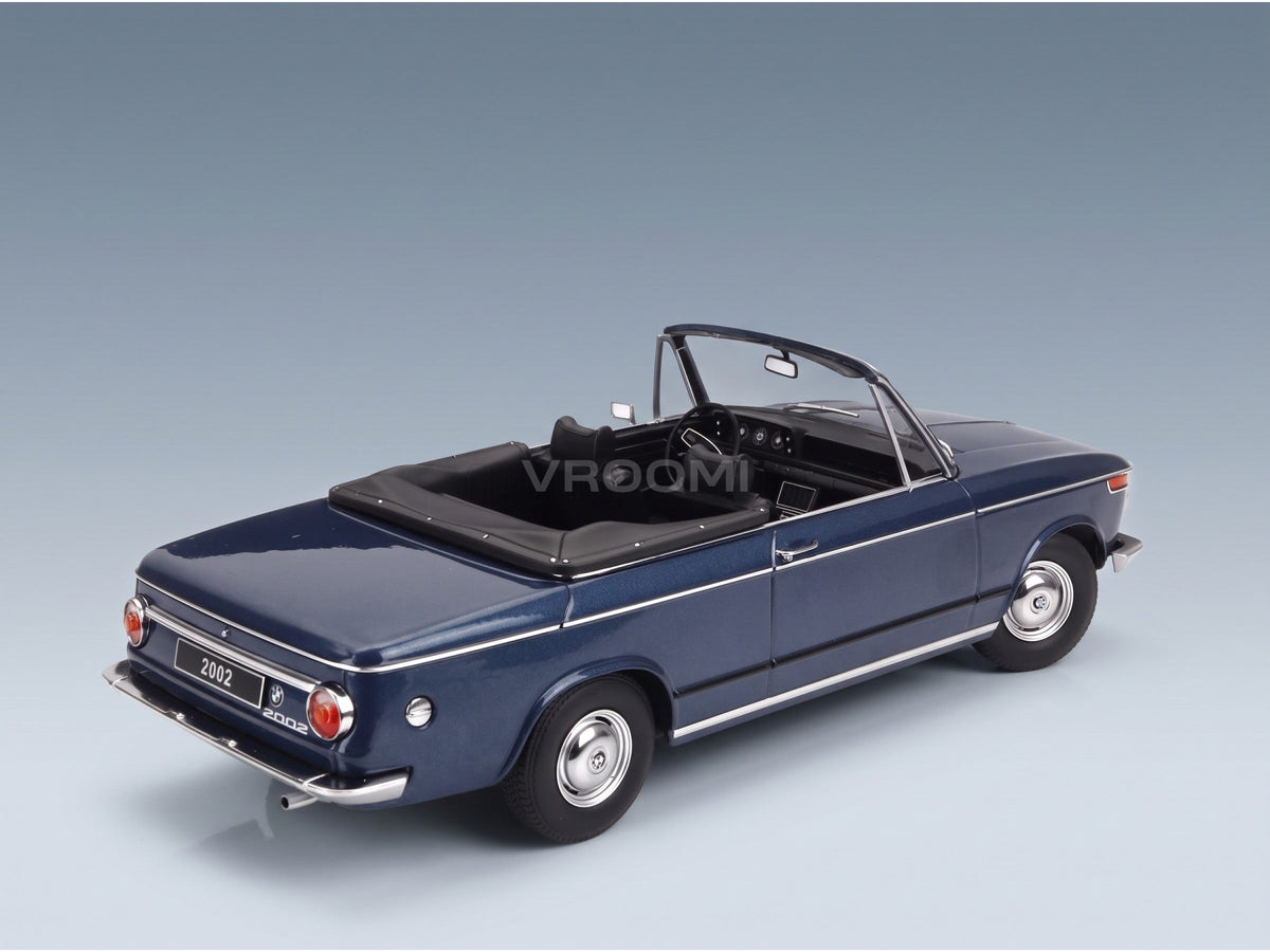 BMW 2002 Cabriolet with Removable Soft-Top 1968 Blue Metallic KK Scale 1:18 scale model - rear three-quarter view