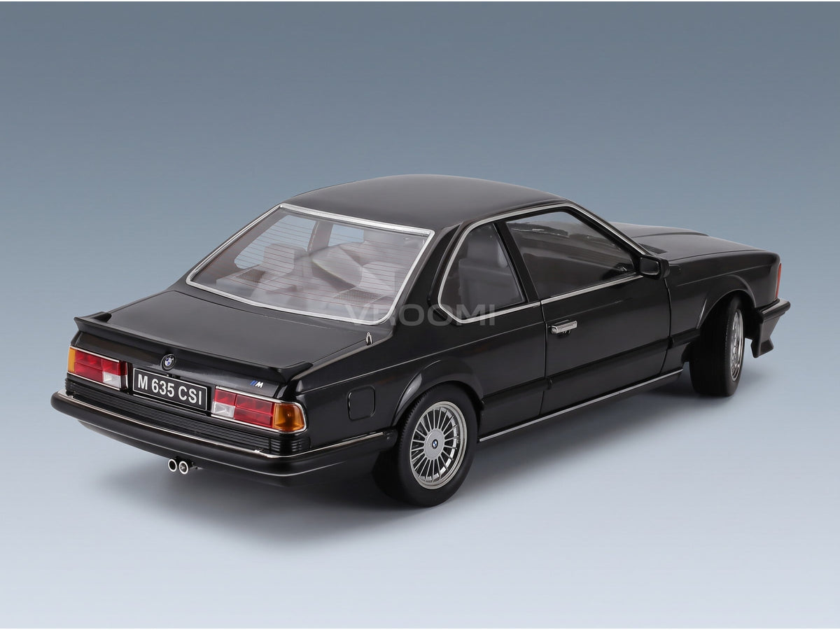 BMW 6-Series M635 CSi (E24) Coupé 1987 Black with Alpina Rims KK Scale 1:12 scale model - rear three-quarter view