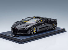 Bugatti Mistral W16 2023 Black with Showcase MR Model 1:18 scale model - front three-quarter view on display base