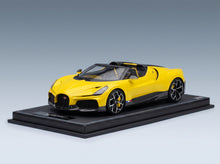 Bugatti Mistral W16 2023 Yellow with Showcase MR Models 1:18 scale model - front three-quarter view on display base
