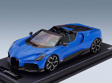 Bugatti Mistral W16 2023 Blue with Showcase MR Models 1:18 scale model - front three-quarter view on display base