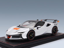 Ferrari SF90 XX Stradale 2024 Bianco Artico with Showcase MR Models 1:18 - front three-quarter view on display base