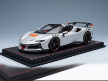 Ferrari SF90 XX Stradale Spider 2024 Bianco Artico with Showcase MR Models 1:18 - front three-quarter view on display base