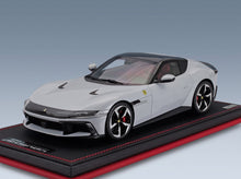 Ferrari 12Cilindri Coupé V12 2024 Bianco Artico with Showcase MR Models 1:18 - front three-quarter view on display base