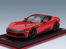Ferrari 12Cilindri Coupé V12 2024 Rosso Scuderia with Showcase MR Models 1:18 - front three-quarter view on display base