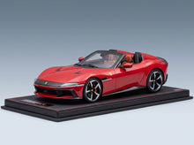 Ferrari 12Cilindri Spider Rosso Corsa 2024 with Showcase MR Models 1:18 - front three-quarter view on display base
