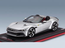 Ferrari 12Cilindri Spider Argento Nurburgring 2024 with Showcase MR Models 1:18 - front three-quarter view on display base