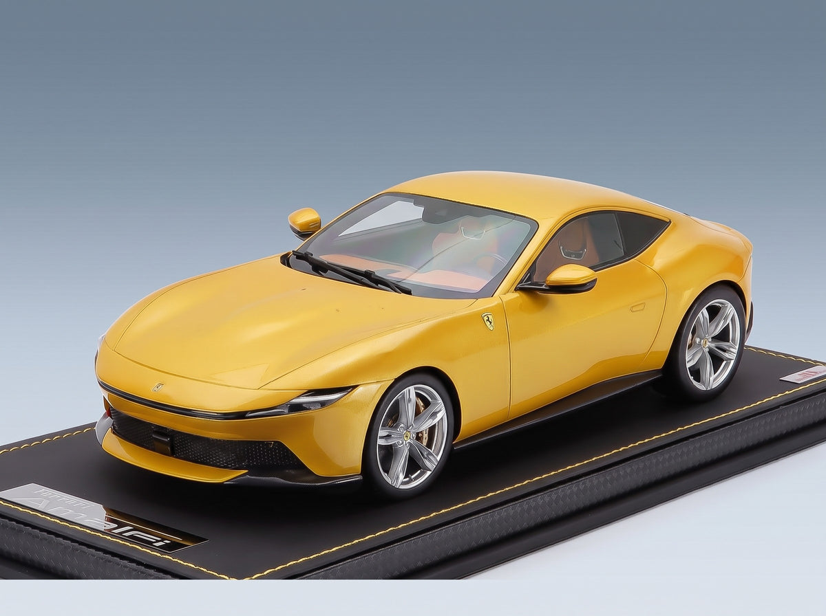 Ferrari Amalfi 2025 Giallo Montecarlo with Showcase MR Models 1:18 scale model - front three-quarter view on display base