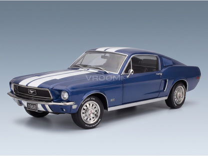 Ford Mustang GT Fastback Coupe 1968 Blue White KK Scale 1:12 scale model - front three-quarter view