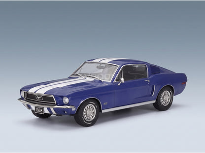 Ford Mustang GT Fastback Coupe 1968 Blue White KK Scale 1:18 scale model - front three-quarter view