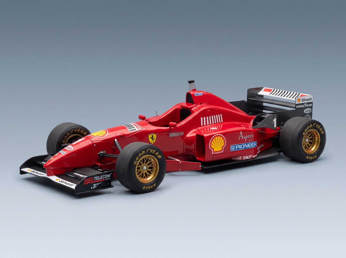 Ferrari F310 No. 1 Michael Schumacher Season 1996 with Showcase GP Replicas 1:18 scale model - front three-quarter view