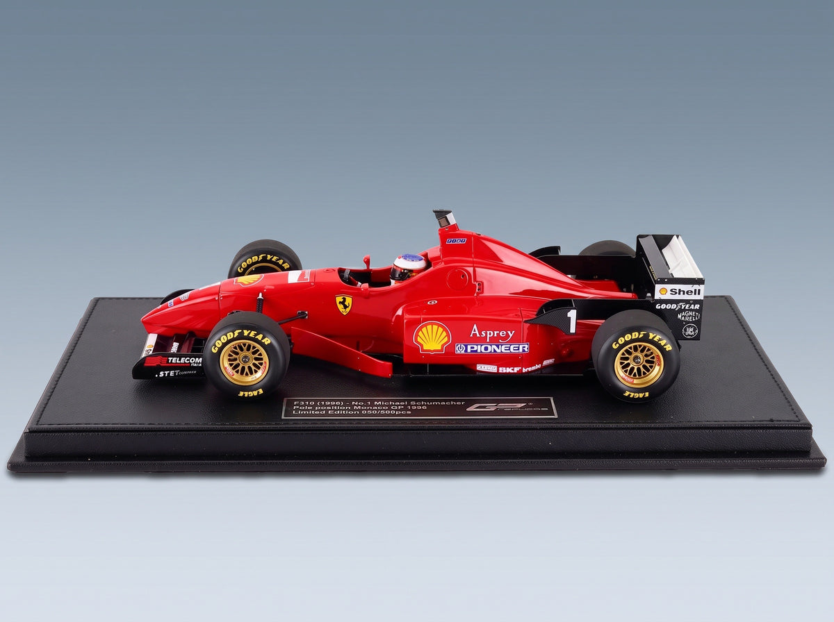 Ferrari F310 No. 1 Michael Schumacher Pole Position Monaco GP 1996 with Driver GP Replicas 1:18 scale model - side view