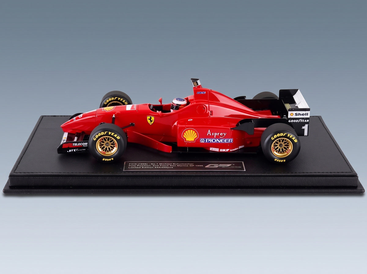 Ferrari F310 No. 1 Michael Schumacher Pole Position 2nd San Marino GP 1996 with Driver GP Replicas 1:18 scale model - side view