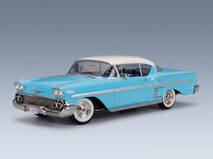 CHEVROLET - BEL AIR IMPALA COUPE 1958 - TURQUOISE WHITE scale model - front three-quarter view