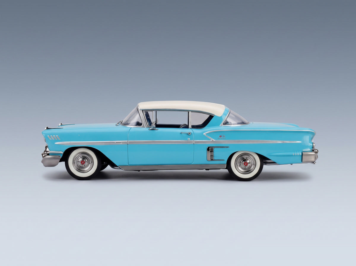 CHEVROLET - BEL AIR IMPALA COUPE 1958 - TURQUOISE WHITE scale model - side view