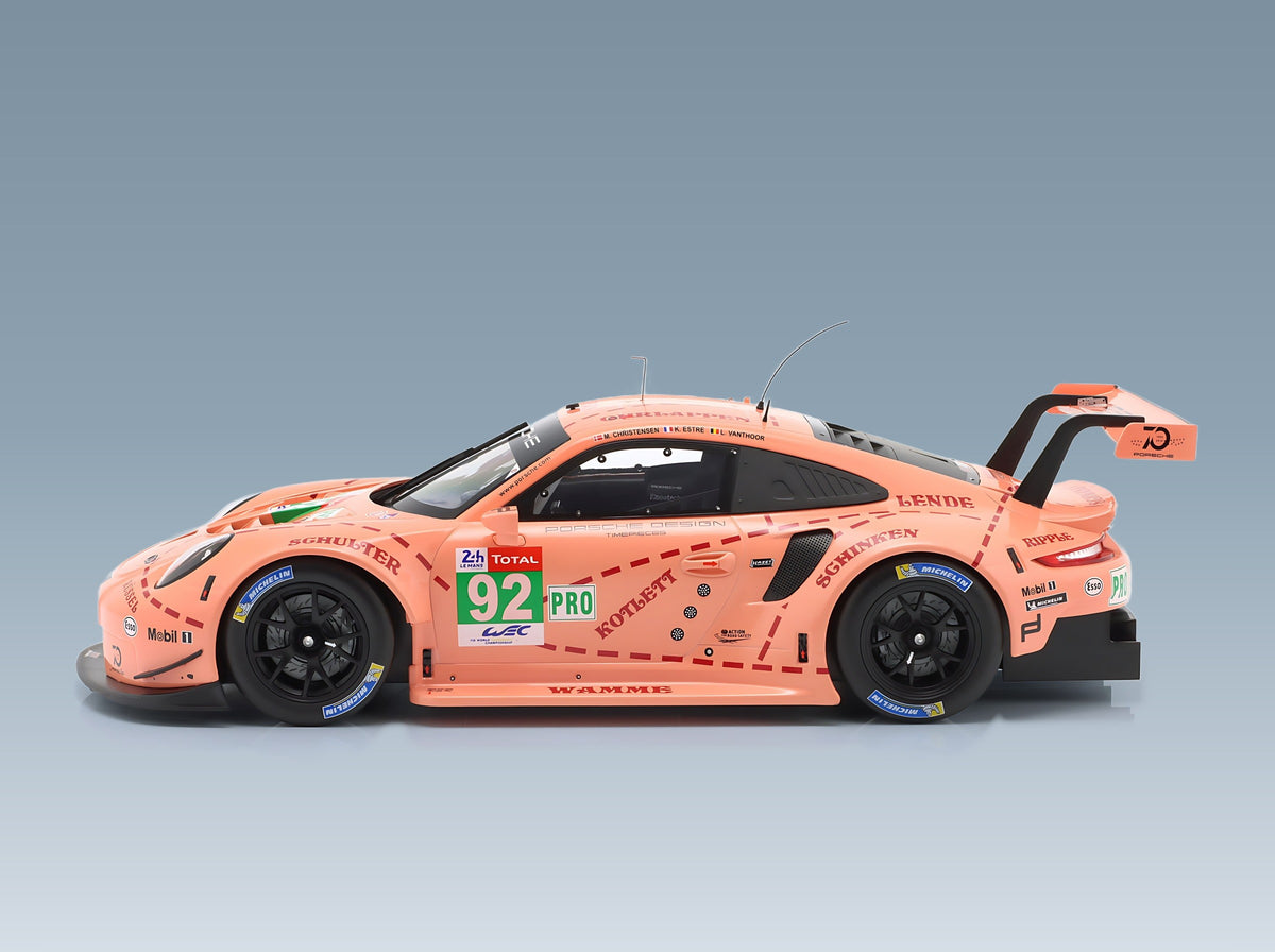 Porsche 911 991 RSR Porsche GT No. 92 Christensen Estre Vanthoor Winner LMGTE Pro Pink Pig Tribute 24h Le Mans 2018 IXO Models 1:12 scale model - side view