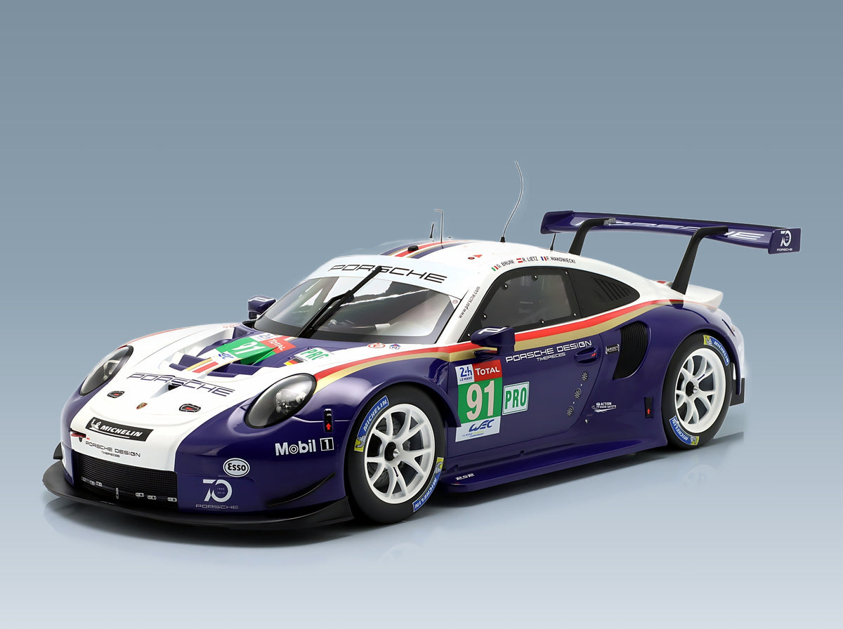 Porsche 911 991 RSR Porsche GT Team No. 91 2nd LMGTE Pro Richard Lietz Gianmaria Bruni Frederic Makowiecki 24h Le Mans 2018 IXO Models 1:12 scale model - front three-quarter view