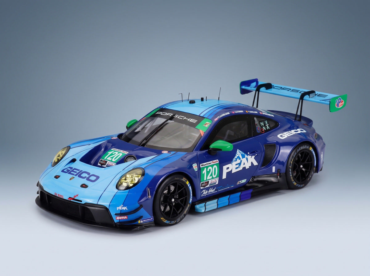 Porsche 911 GT3 R (992) Wright Motorsports No. 120 Makowiecki Skeer Heylen Adelson Rolex 24 at Daytona 2024 IXO Models 1:18 scale model - front three-quarter view