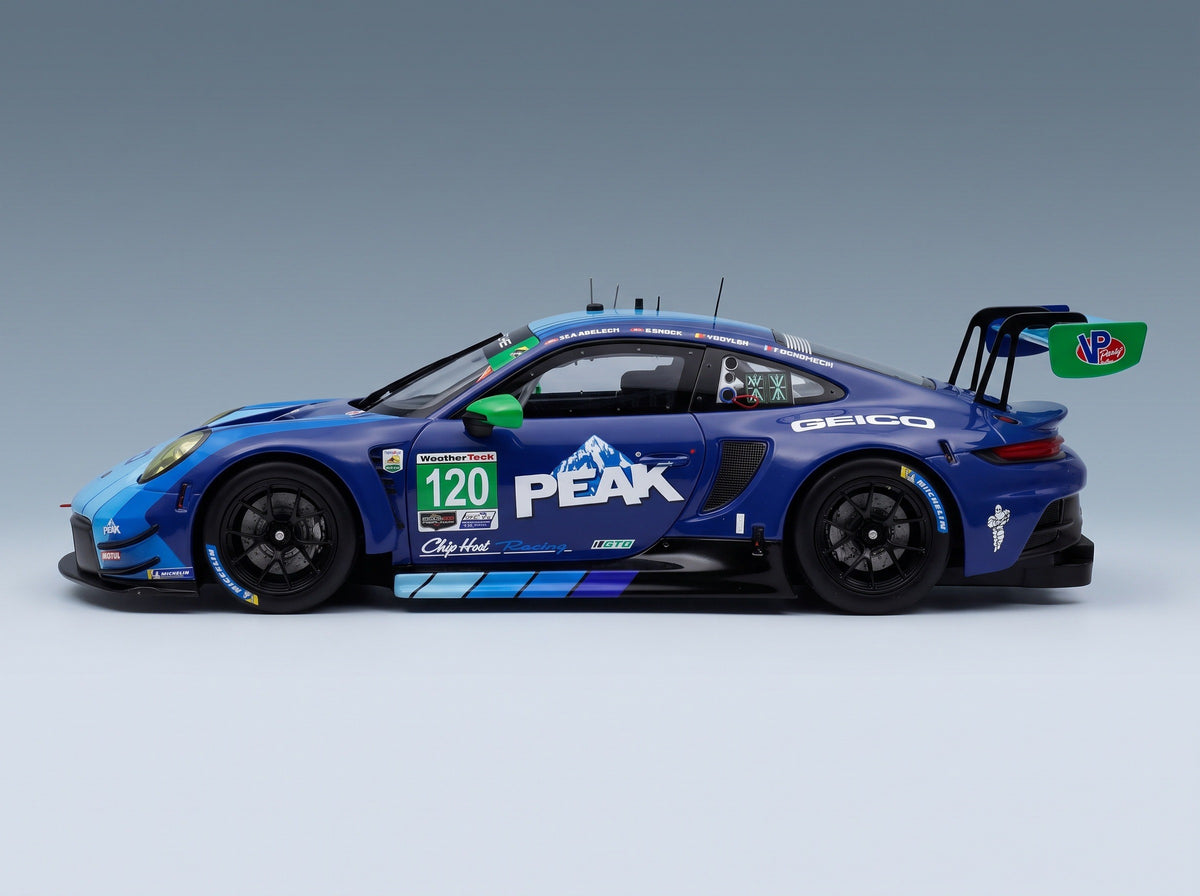 Porsche 911 GT3 R (992) Wright Motorsports No. 120 Makowiecki Skeer Heylen Adelson Rolex 24 at Daytona 2024 IXO Models 1:18 scale model - side view