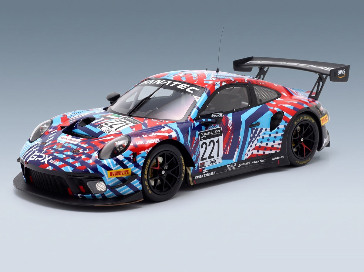 Porsche 911 991-2 GT3 R GPX Martini Racing No. 221 Lietz Christensen Estre Test Days 24h Spa 2022 IXO Models 1:18 scale model - front three-quarter view