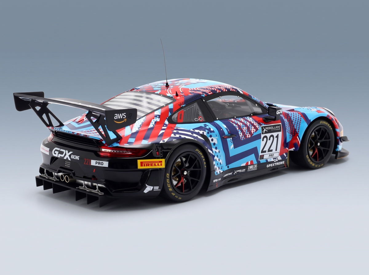 Porsche 911 991-2 GT3 R GPX Martini Racing No. 221 Lietz Christensen Estre Test Days 24h Spa 2022 IXO Models 1:18 scale model - rear three-quarter view